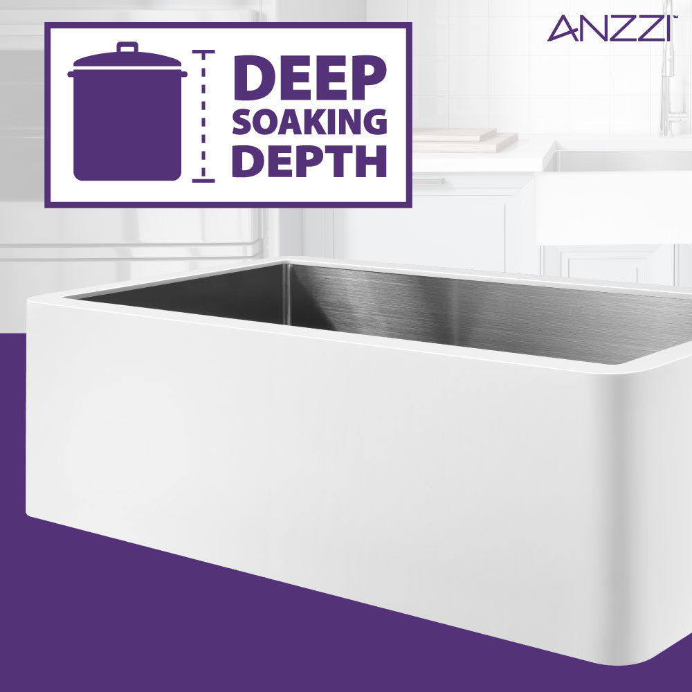 Apollo Series Farmhouse Solid Surface 36 in. 0-Hole Single Bowl Kitchen Sink with Stainless Steel Interior in Matte White
