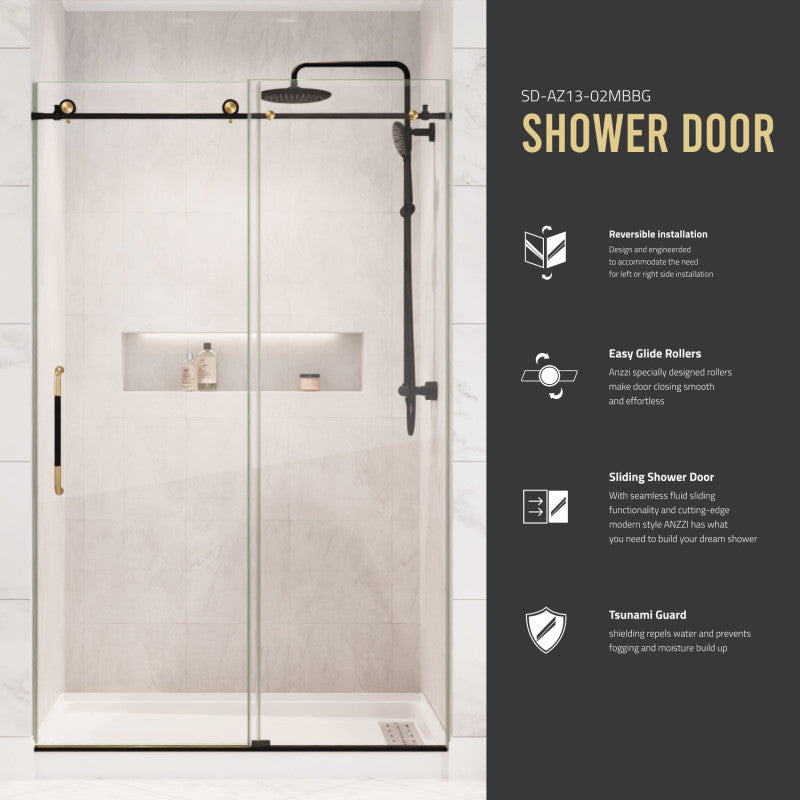 Madam Series 76-in. x 60-in. Frameless Sliding Shower Door in Matte Black and Brushed Gold