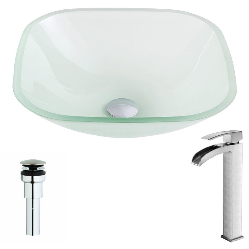 LSAZ081-097B - Vista Series 17 in. Bathroom Vessel Sink in Lustrous Frosted Finish Tempered Glass with Key Faucet in Brushed Nickel