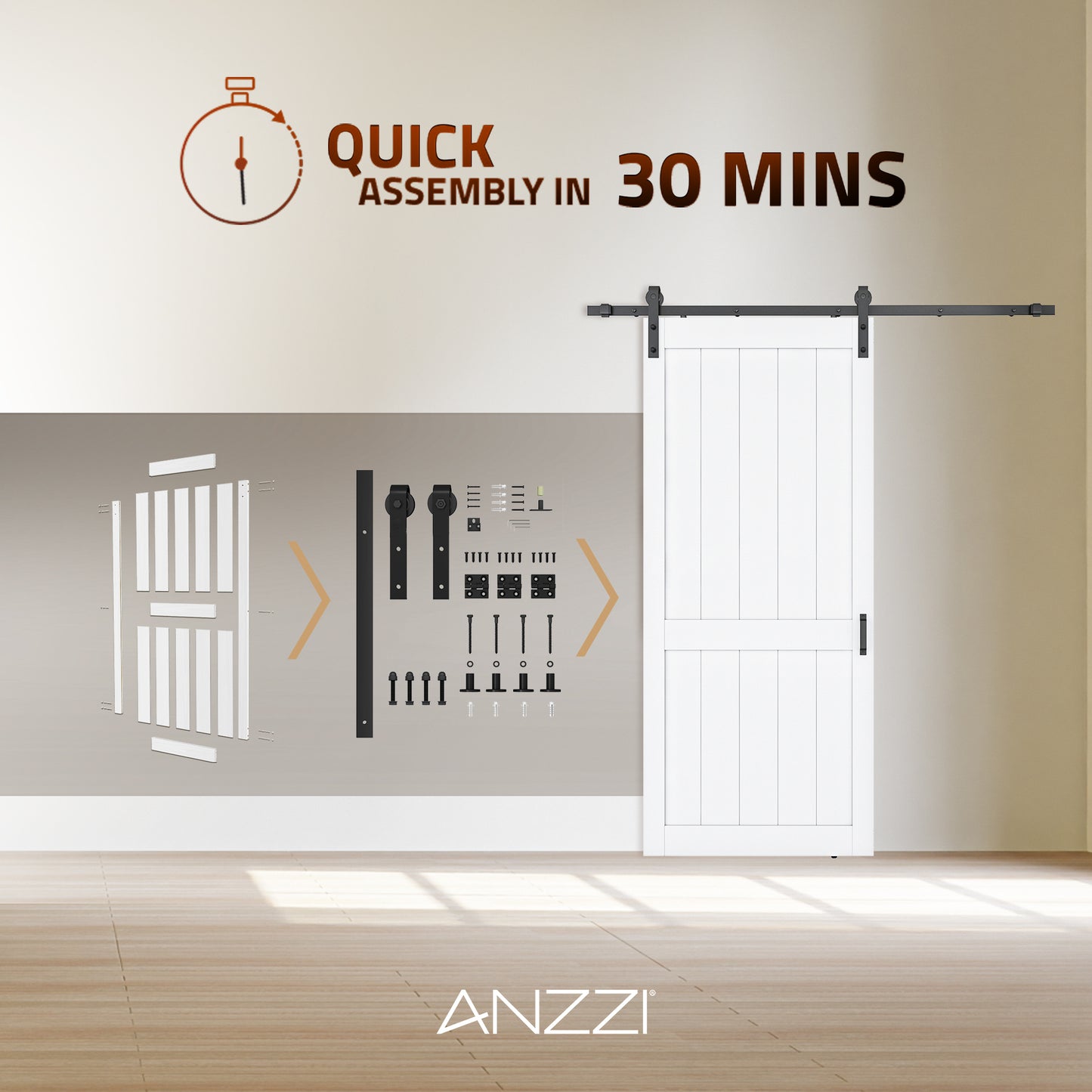 Benagil Series 36 in. x 84 in. Pure White Finish MDF Interior Sliding Barn Door with Hardware Kit in Matte Black