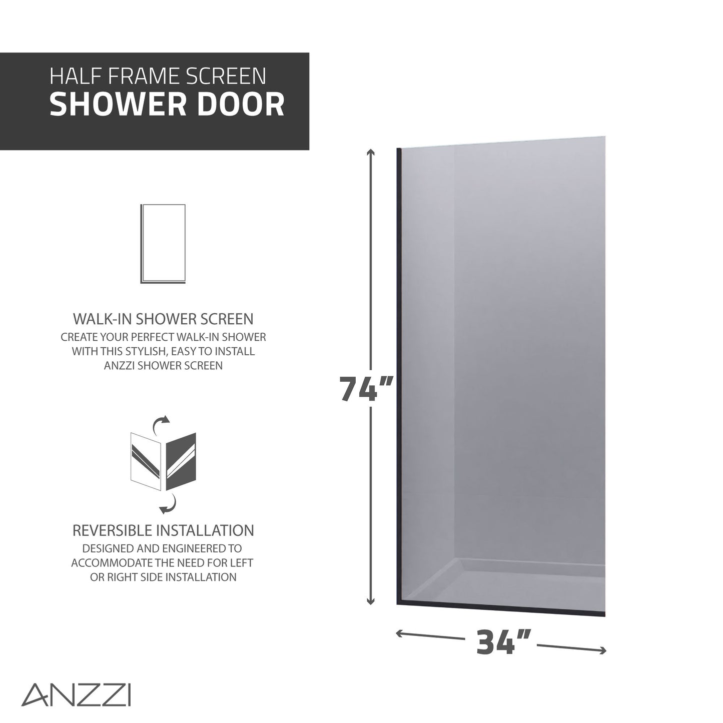 Veil Series 74 in. by 34 in. Framed Glass Shower Screen Shower Door