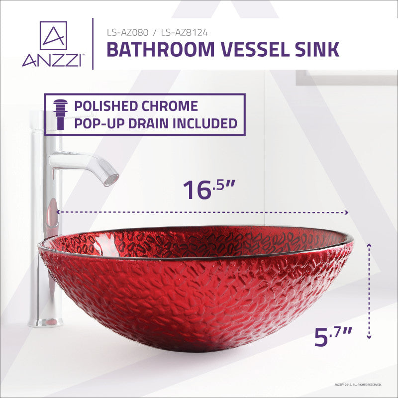 Rhythm Series 17 in. Bathroom Vessel Sink with Scratch-Tough and Stain-Resistant Surface in Lustrous Red Glass
