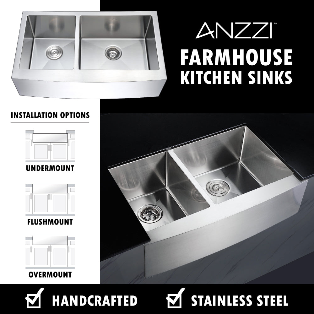 ELYSIAN Series 33 in. Farm House 40/60 Dual Basin Handmade Stainless Steel Kitchen Sink