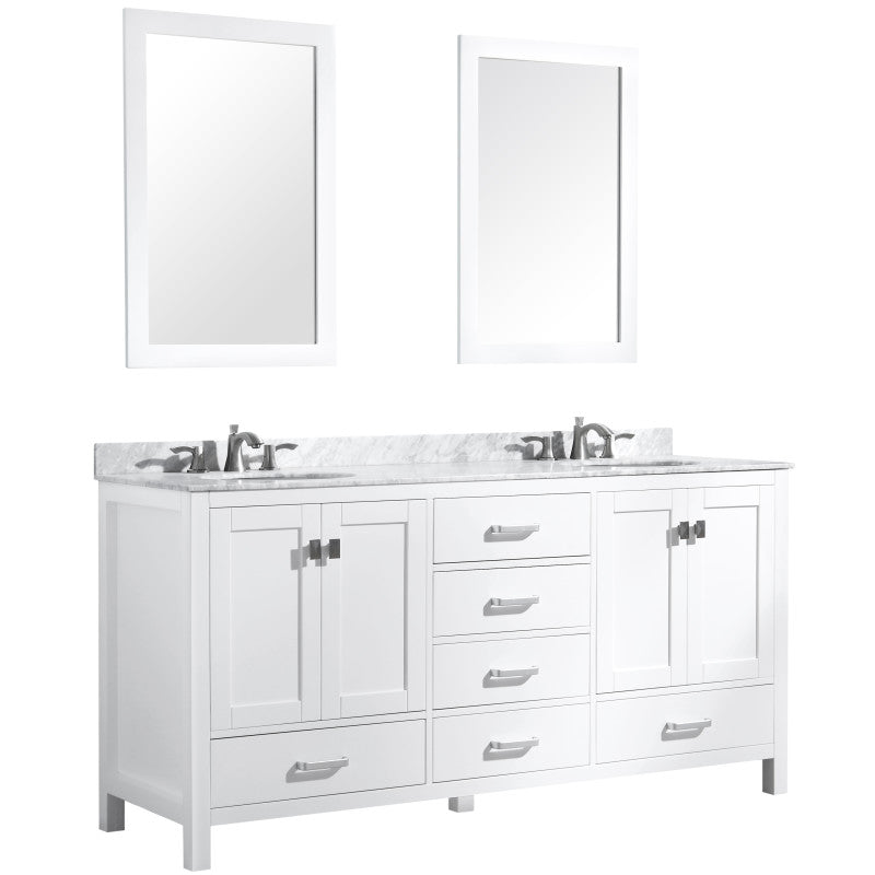 VT-MRCT0072-WH - 72 in. W x 22 in. D x 36 in. H Double Sink Bath Vanity Set in White with White Carrara Marble Top and Matching Mirrors