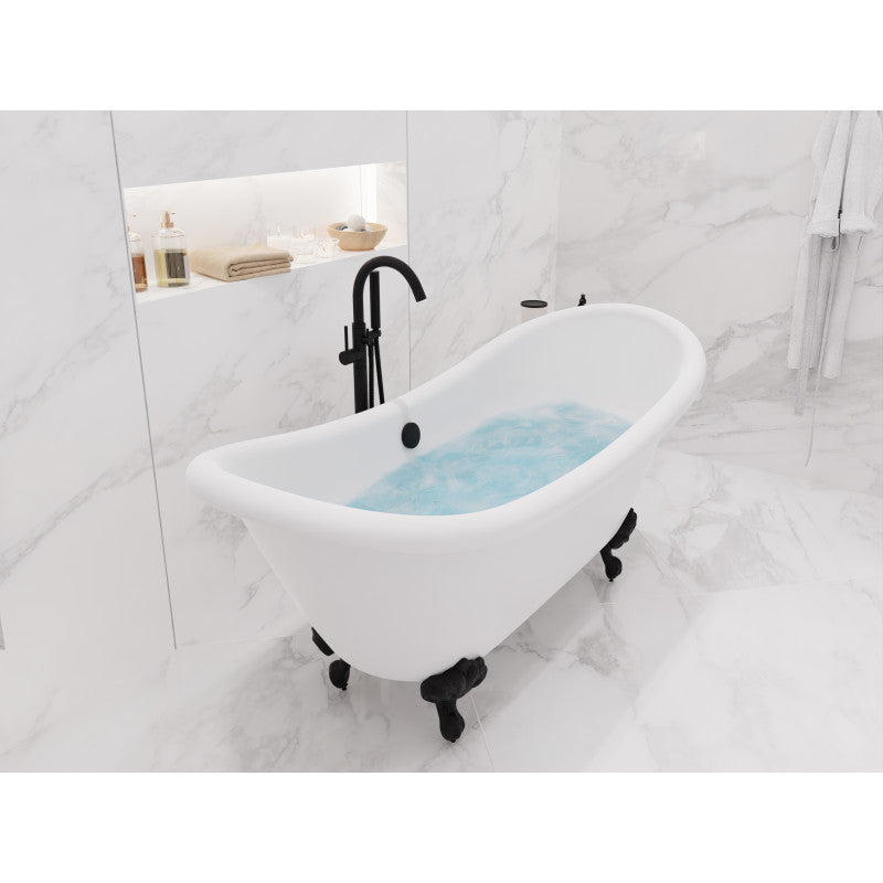Falco Series 70 in. x 29 in. Soaking Freestanding Bathtub with Center Drain in Glossy White with Matte Black Feet