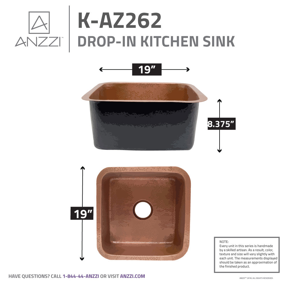 Isle Drop-in Handmade Copper 19 in. 0-Hole Single Bowl Kitchen Sink in Hammered Antique Copper
