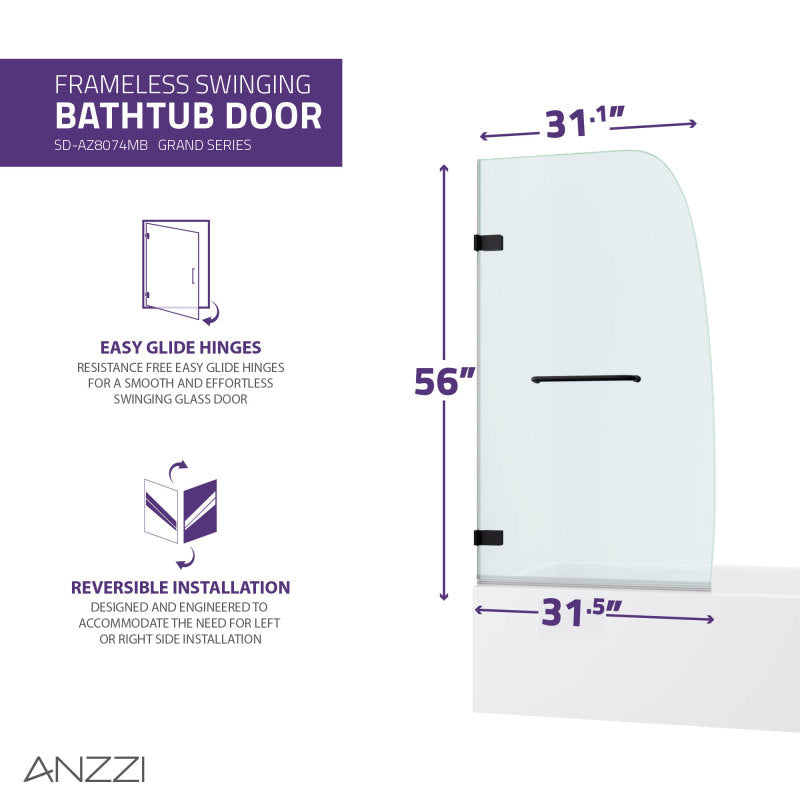 Vensea Series 31.5 in. by 56 in. Frameless Hinged Tub Door in Matte Black
