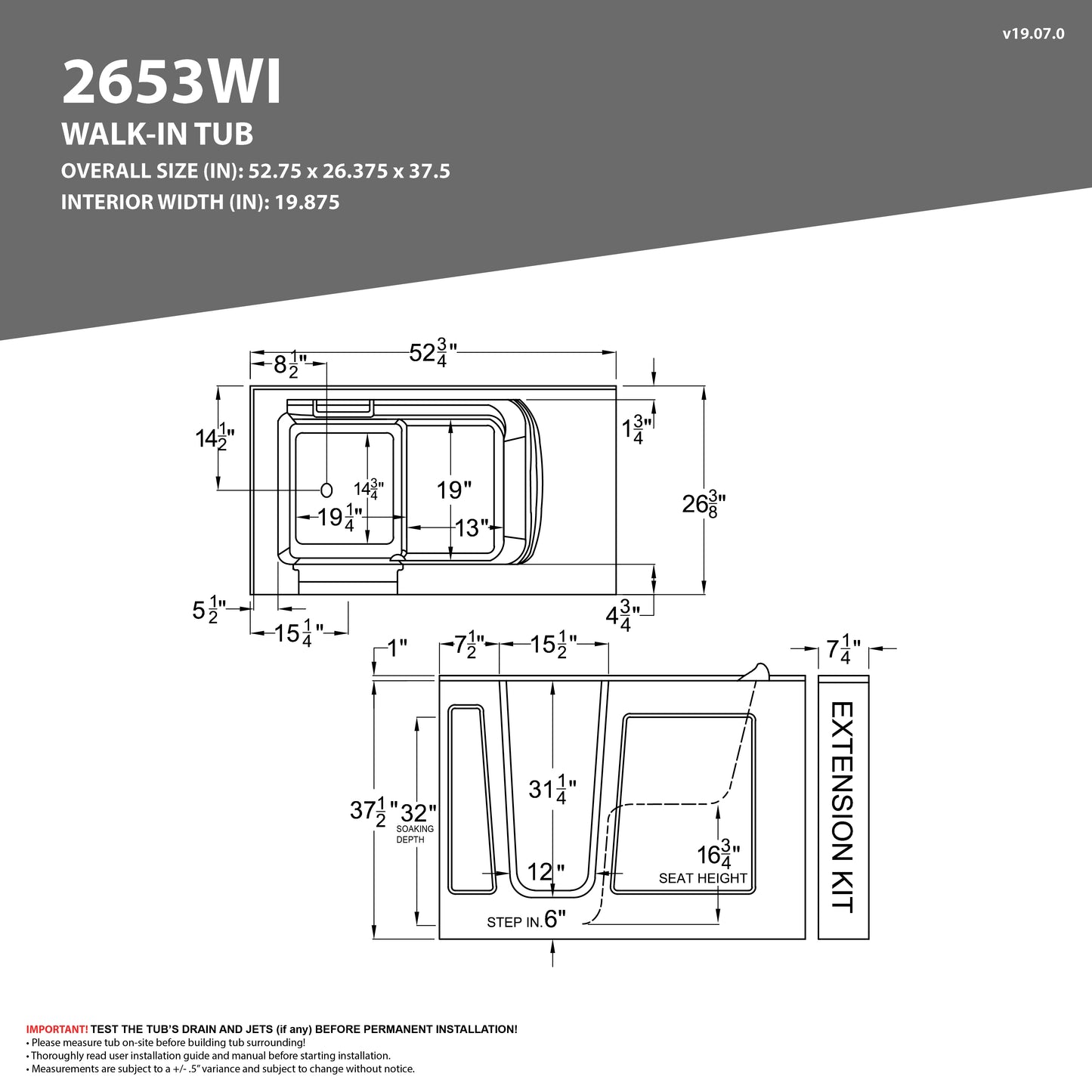 53 - 60 in. x 26 in. Right Drain Soaking Walk-in Tub in White