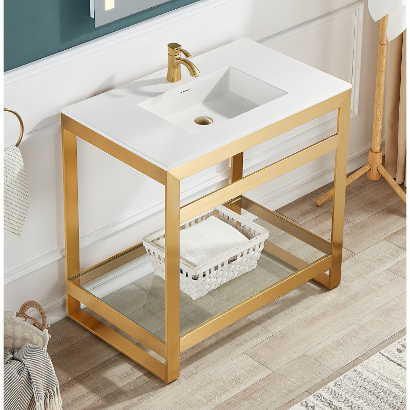 Orchard 36 in. Console Sink in Brushed Gold with Glossy White Counter Top