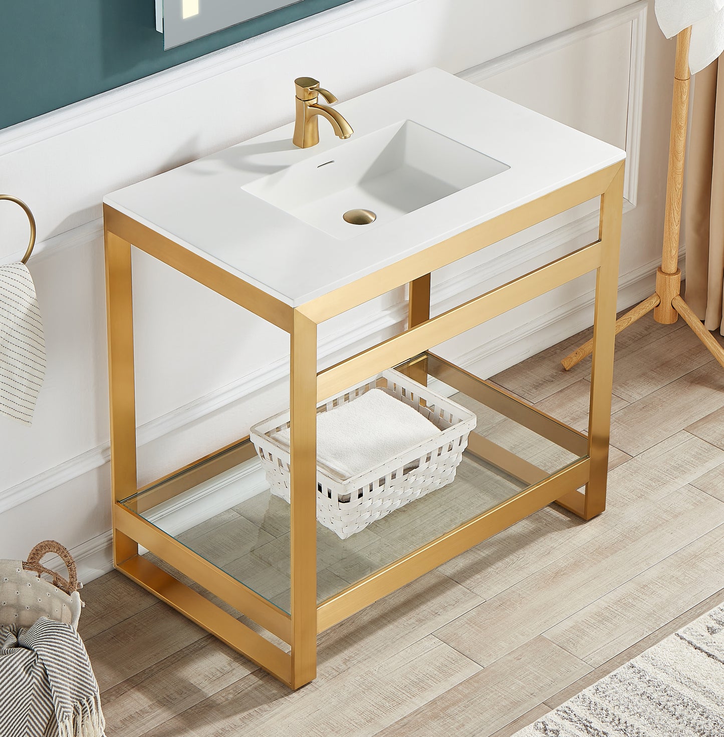 CS-FGC005-BG - Orchard 36 in. Console Sink in Brushed Gold with Glossy White Counter Top