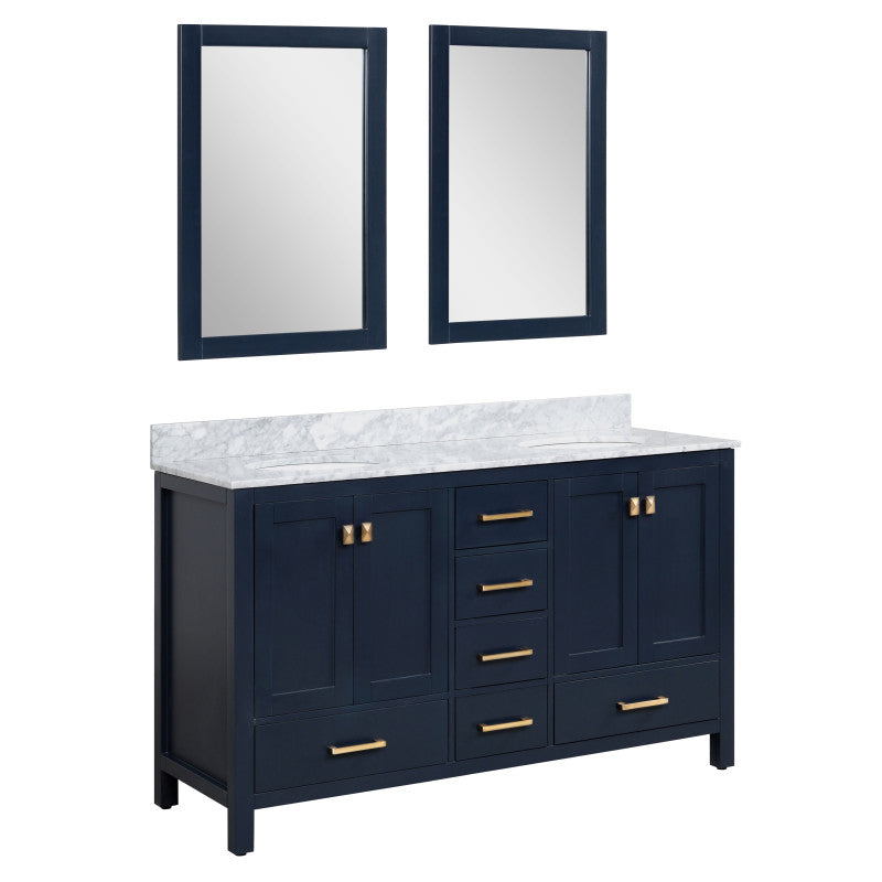 VT-MRCT0060-NB - 60 in. W x 22 in. D x 36 in. H Bath Vanity Set in Dark Blue with Vanity Top in White with 2-White Basins and Mirrors