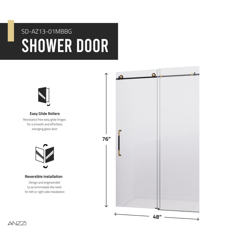 Madam Series 76-in. x 48-in. Frameless Sliding Shower Door in Matte Black and Brushed Gold