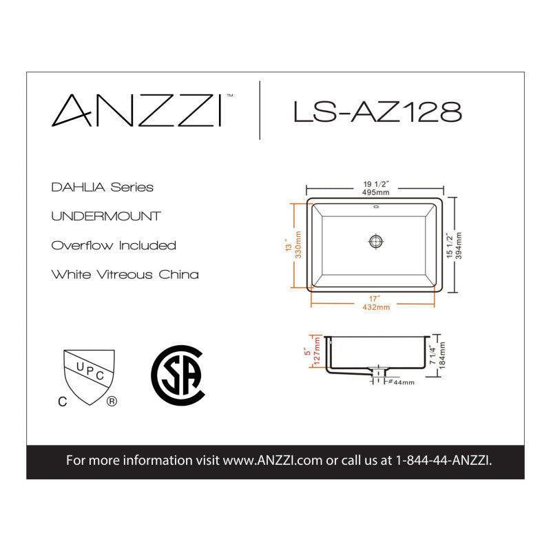 Dahlia Series 19.5 in. Ceramic Undermount Sink Basin in White