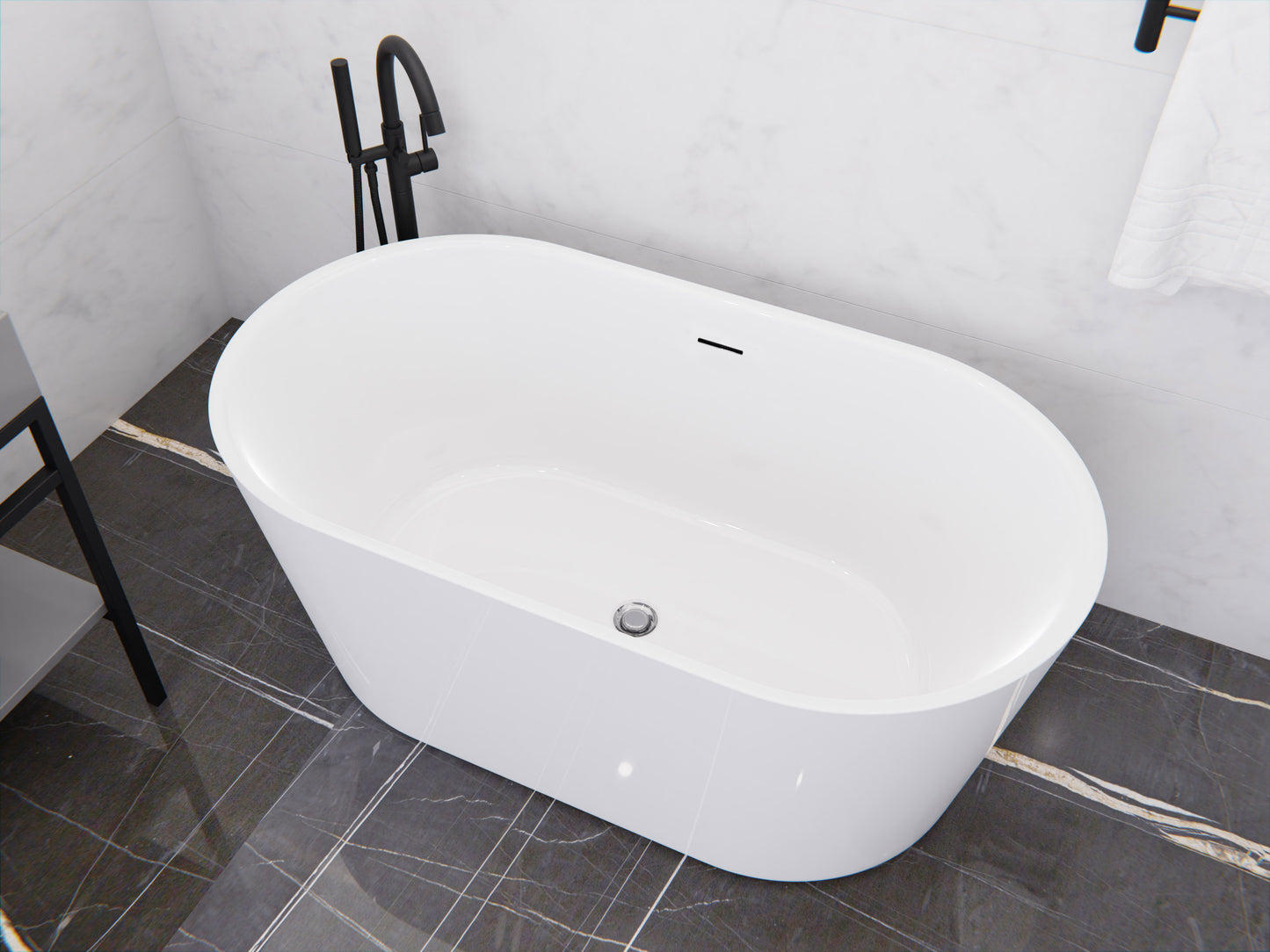 Chand Series 59 in. x 30 in. Flat Bottom Acrylic Freestanding Soaking Bathtub with Center Drain in Glossy White