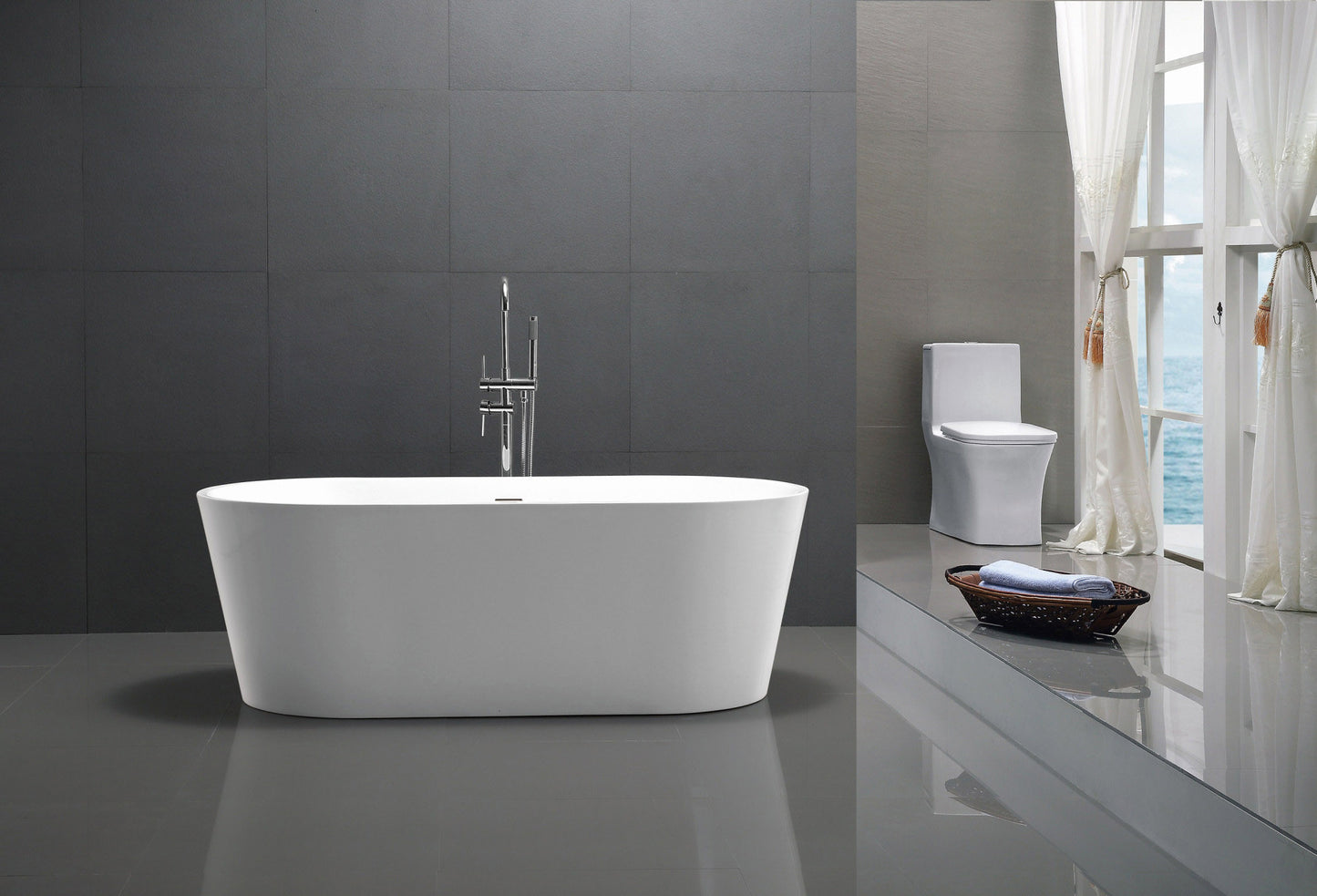 Chand Series 67 in. x 32 in. Flat Bottom Acrylic Freestanding Soaking Bathtub with Center Drain in Glossy White