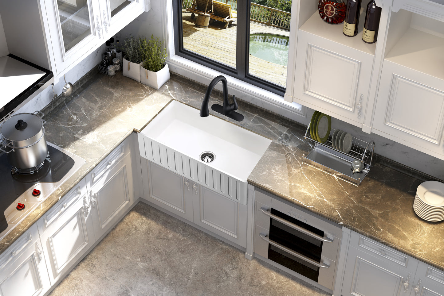 Roine Farmhouse Reversible Apron Front Solid Surface 36 in. Single Basin Kitchen Sink in White