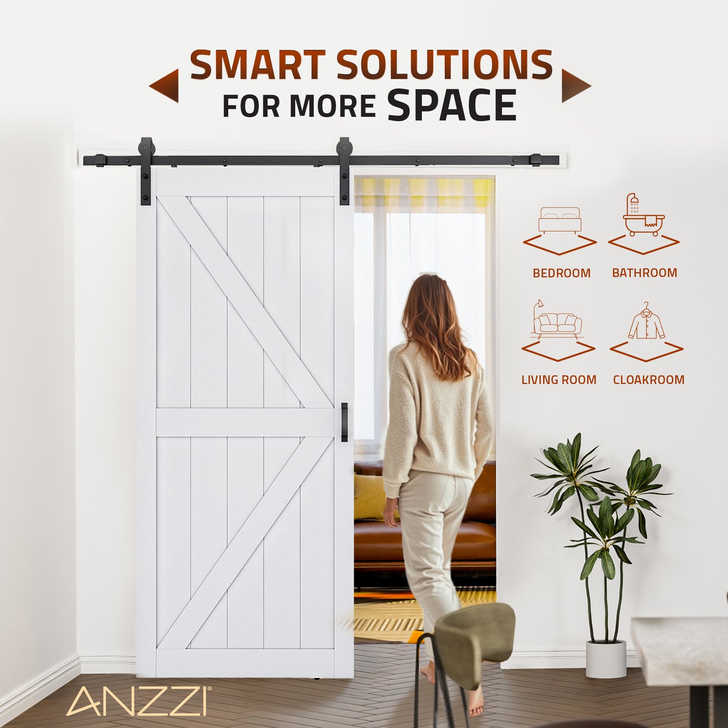 Grotto Series 36 in. x 84 in. Pure White Finish MDF Interior Sliding Barn Door with Hardware Kit in Matte Black
