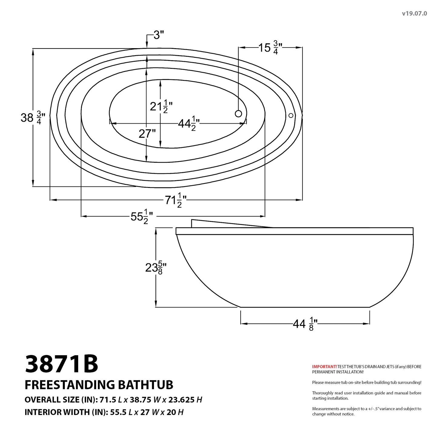 Leni Series 71 in. x 38 in. Jetted Whirlpool 54 Gallon Capacity Freestanding Bathtub with Reversible Drain in White