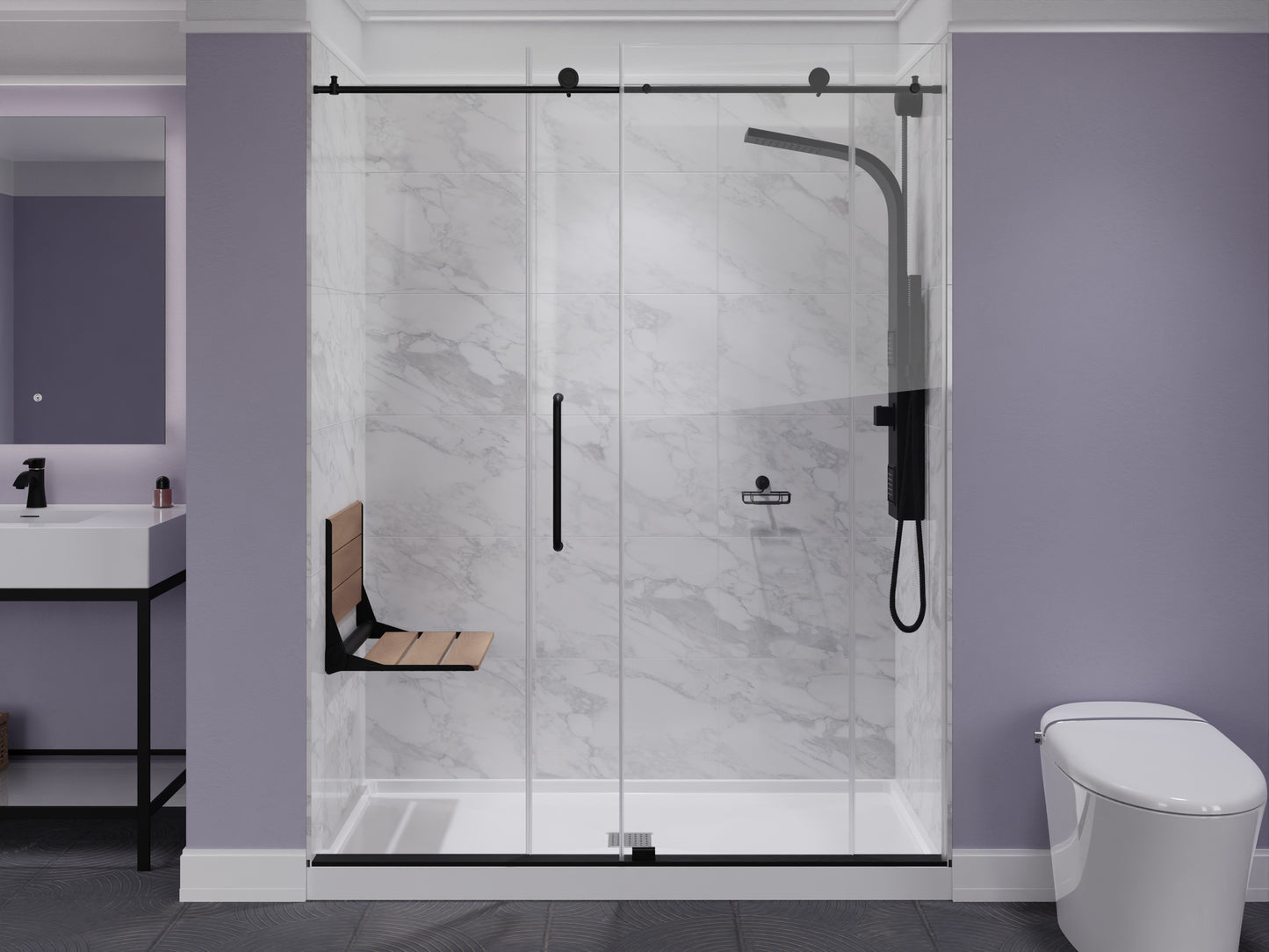 AC-AZ203MB - Saxon 17 in. Teak Wall Mounted Folding Shower Seat in Matte Black
