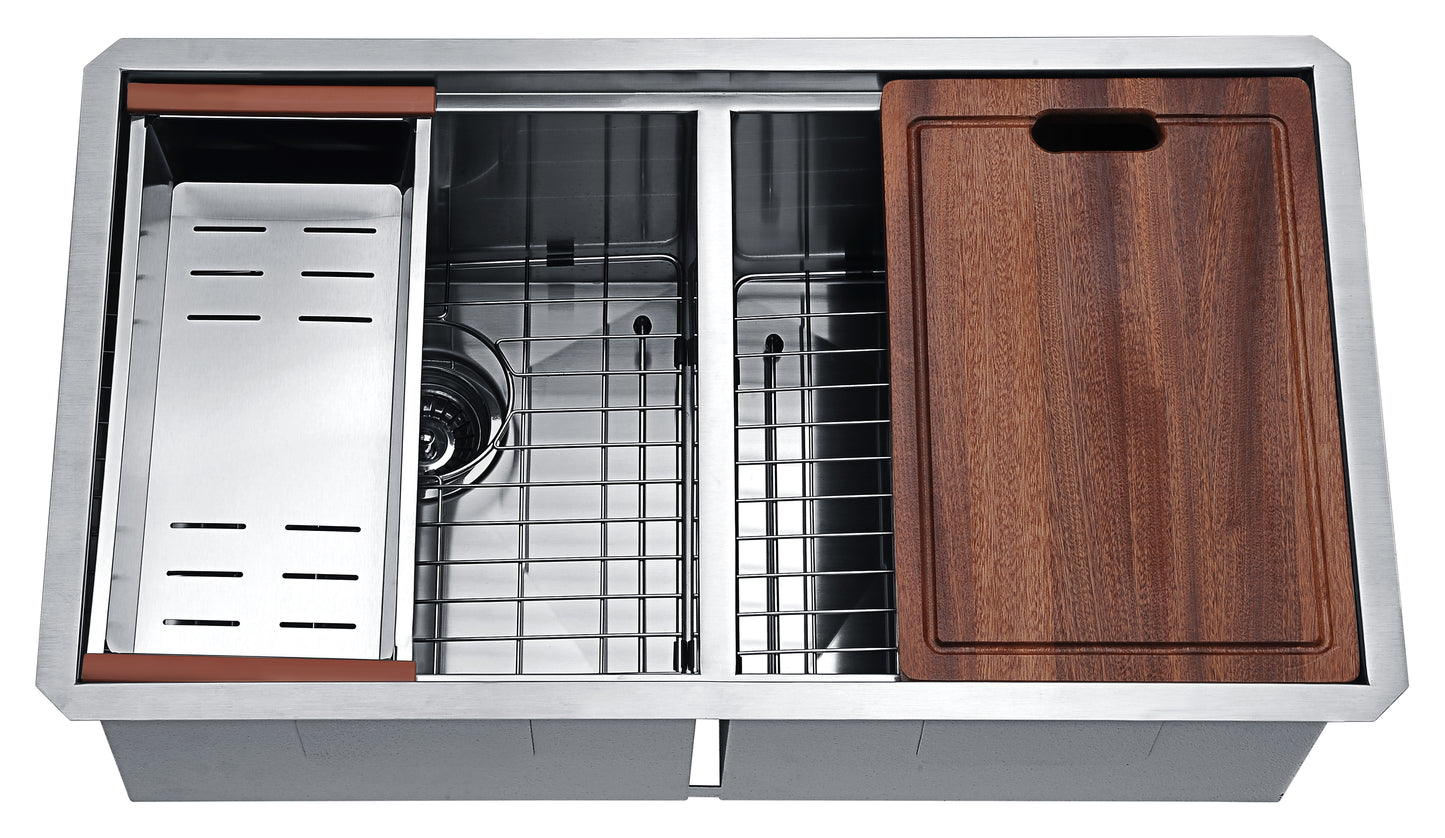 Aegis Undermount Stainless Steel 32.75 in. 0-Hole 50/50 Double Bowl Kitchen Sink with Cutting Board and Colander