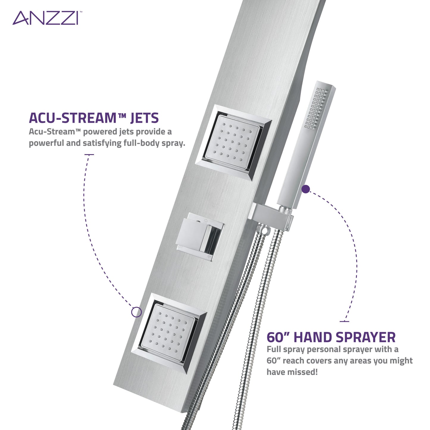 Aura 2-Jetted Shower Panel with Heavy Rain Shower & Spray Wand