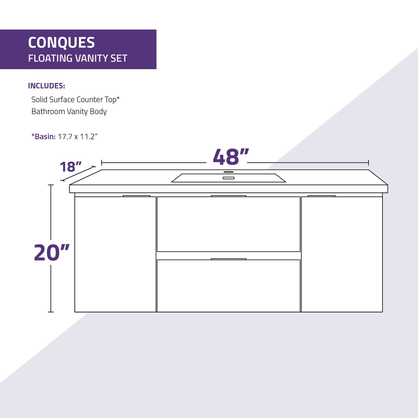Conques 48 in W x 20 in H x 18 in D Bath Vanity with Cultured Marble Vanity Top in White with White Basin