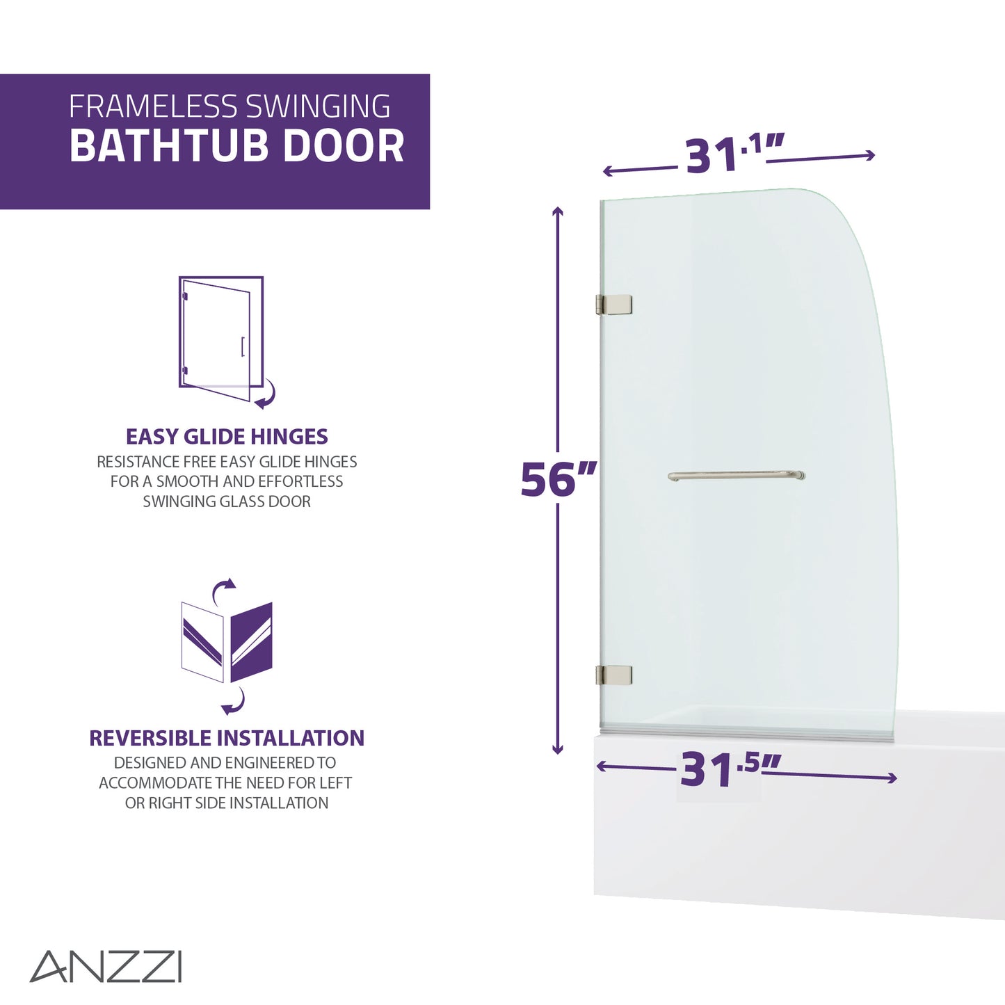 Vensea Series 31.5 in. by 56 in. Frameless Hinged Tub Door