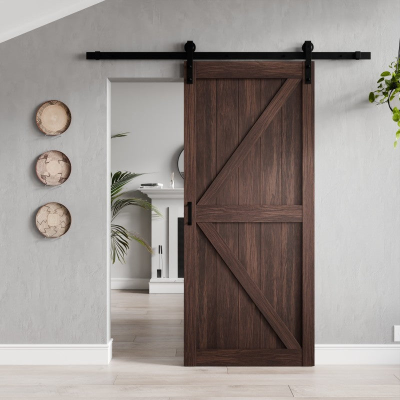 ID-AZBD03 - Skocjan Series 36 in. x 84 in. Rustic Wood Finish MDF Interior Sliding Barn Door with Hardware Kit in Matte Black