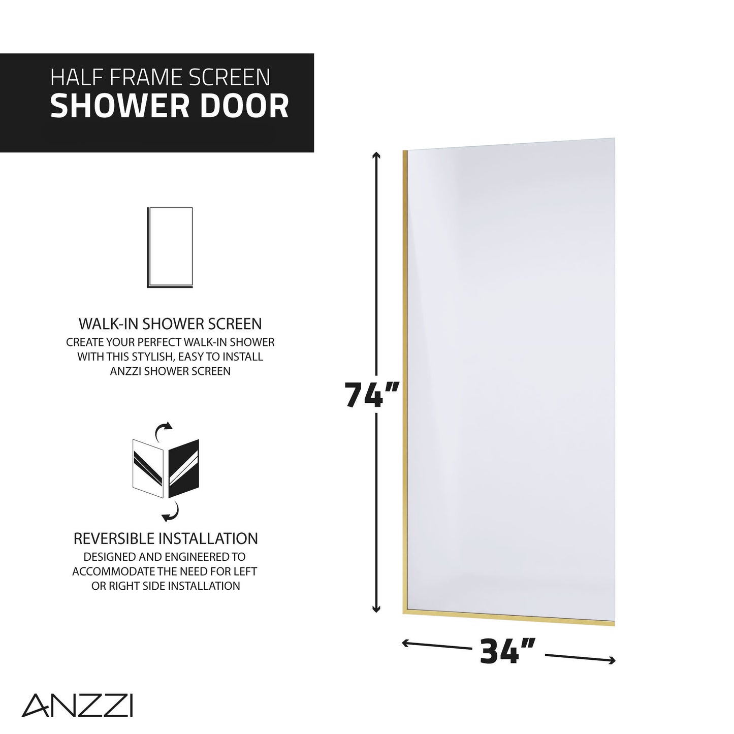 Veil Series 74 in. by 34 in. Framed Glass Shower Screen Shower Door