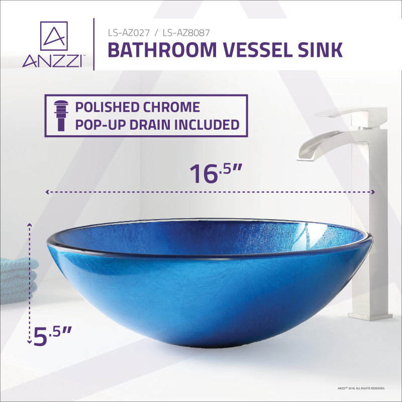 Clavier Series 17 in. Bathroom Vessel Sink with Scratch-Tough and Stain-Resistant Surface in Lustrous Blue Glass