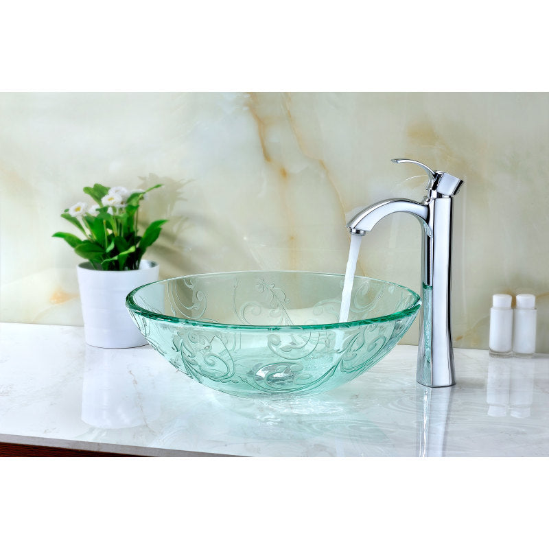 Vieno Series 17 in. Bathroom Vessel Sink with Scratch-Tough and Stain-Resistant Non-Porous Surface in Clear Floral Glass