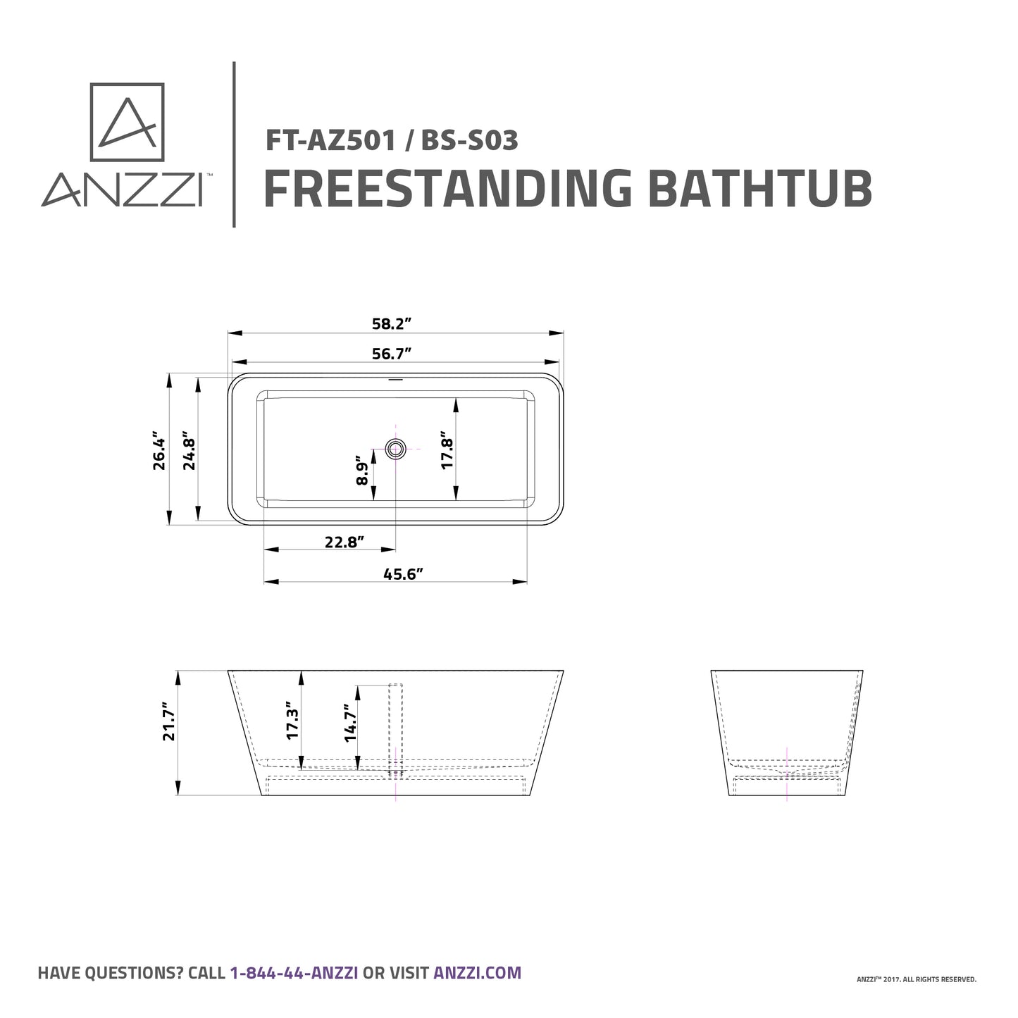 Cenere 4.9 ft. Man-Made Stone Center Drain Freestanding Bathtub in Matte White