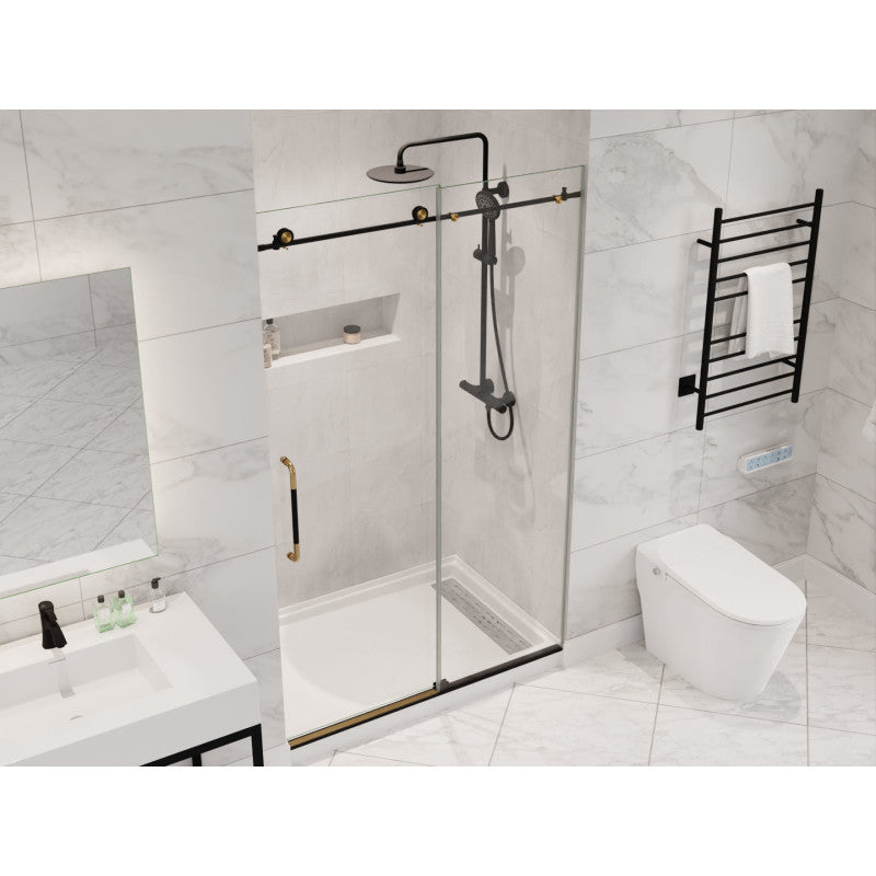 Madam Series 76-in. x 48-in. Frameless Sliding Shower Door in Matte Black and Brushed Gold