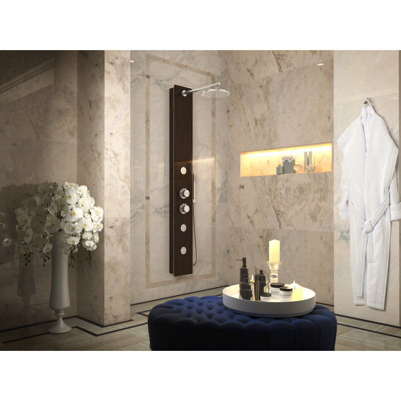 Pure 59 in. 3-Jetted Shower Panel with Heavy Rain Shower and Spray Wand in Mahogany Deco-Glass