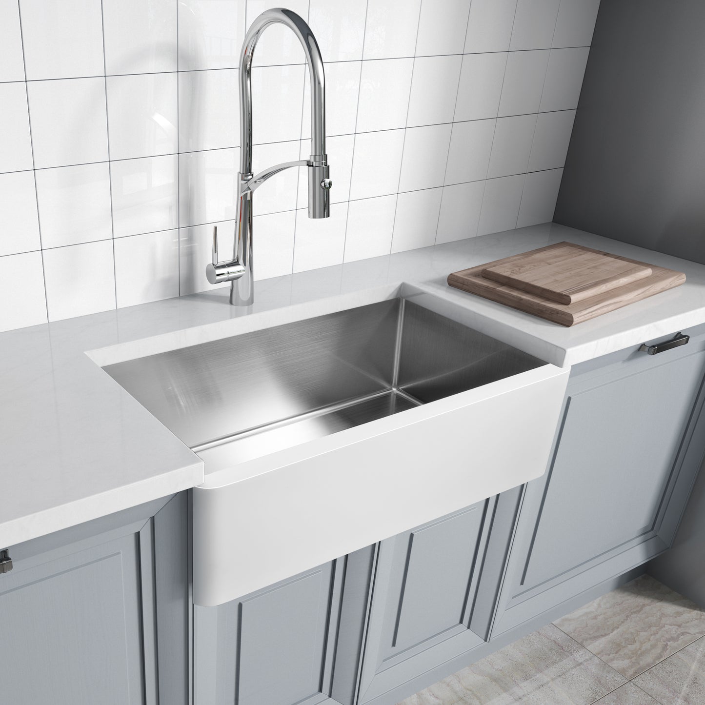 Apollo Series Farmhouse Solid Surface 36 in. 0-Hole Single Bowl Kitchen Sink with Stainless Steel Interior in Matte White