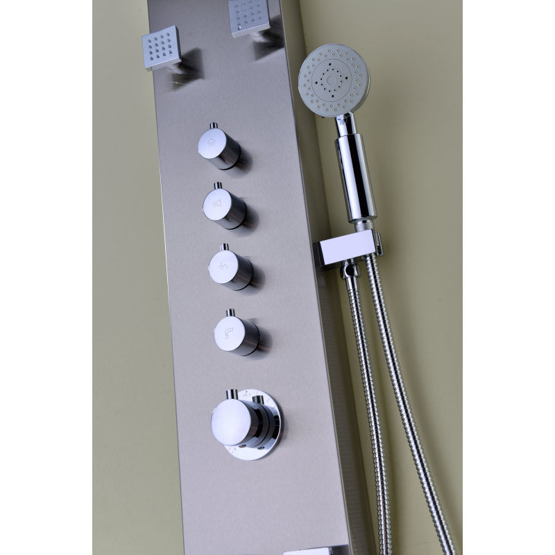 Echo 63.5 in. 4-Jetted Full Body Shower Panel with Heavy Rain Showerhead, Spray Wand and Tub Spout in Brushed Steel