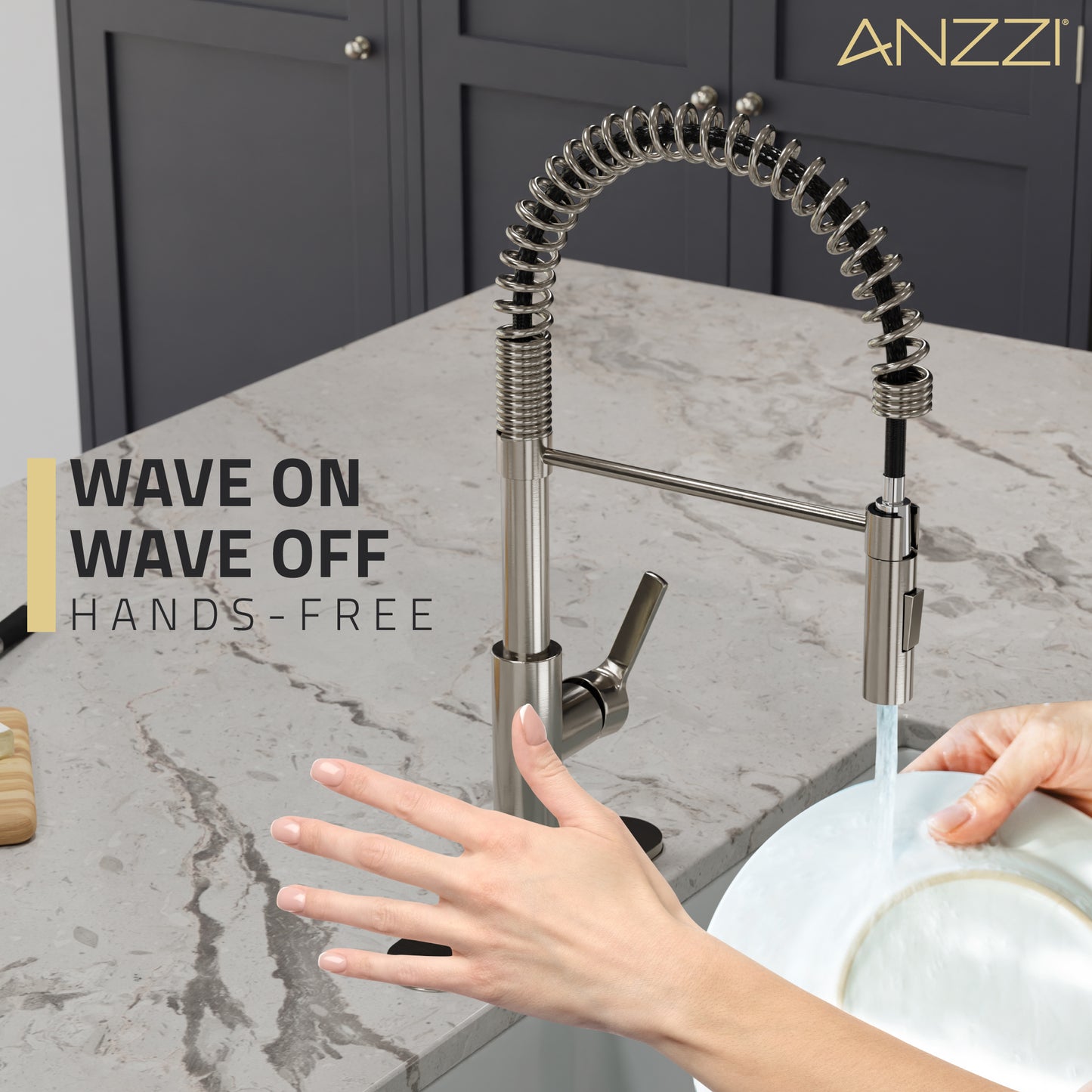 KF-AZ303BN - Ola Hands Free Touchless 1-Handle Pull-Down Sprayer Kitchen Faucet with Motion Sense and Fan Sprayer in Brushed Nickel