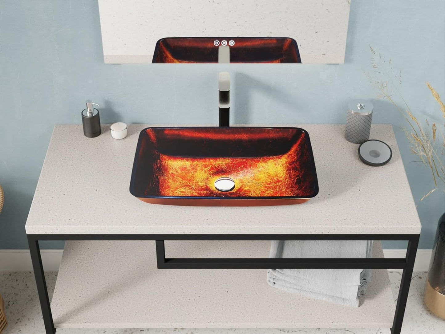 Paradiso Series 22 in. Rectangular Bathroom Vessel Sink in Celestial Bronze Finish Glass with Chrome Pop-Up Drain