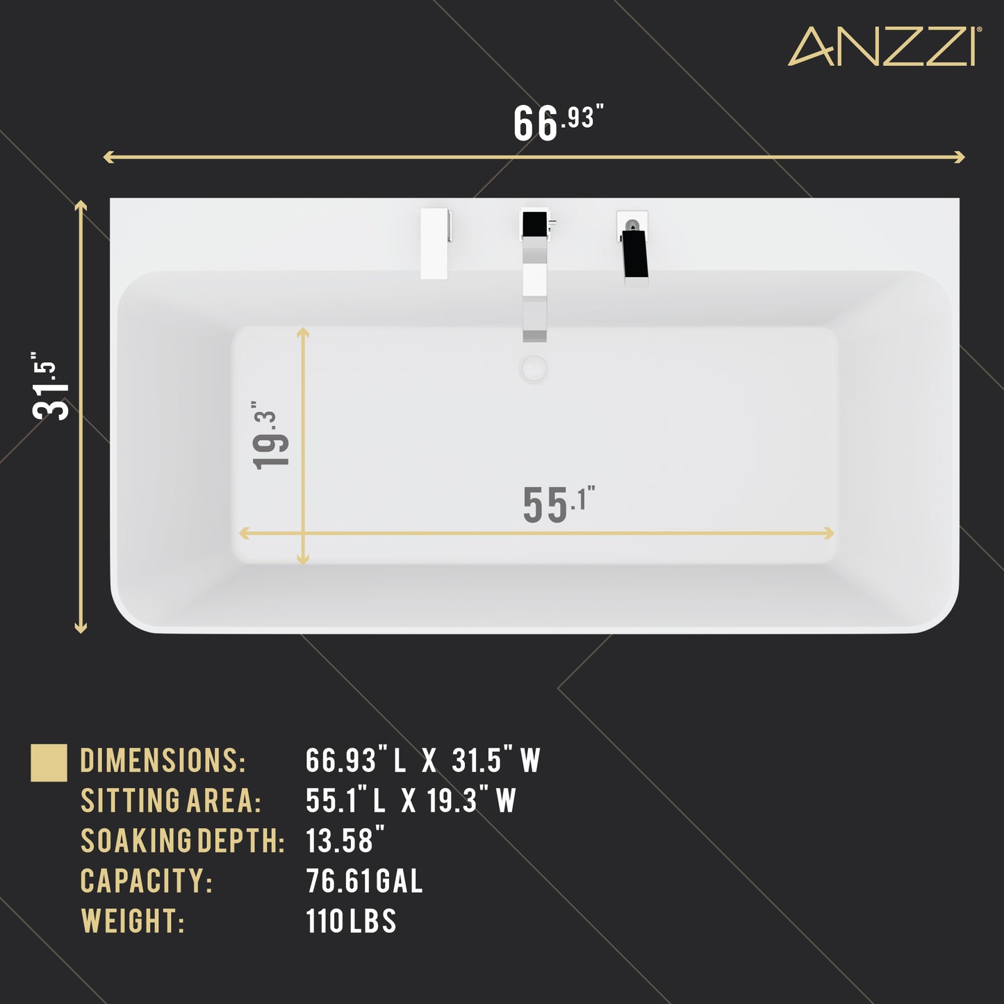 Vault Series 67 in. x 32 in. Flat Bottom Acrylic Freestanding Soaking Bathtub with Center Drain and Faucet in White