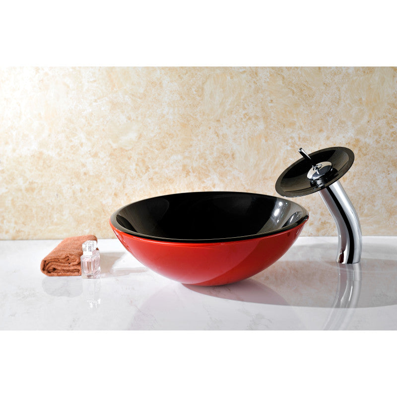 Chord Series Deco-Glass Vessel Sink in Lustrous Black and Red with Matching Chrome Waterfall Faucet