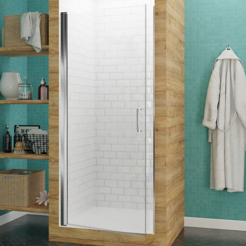 SD-AZ051-02CH - Lancer Series 29.4 in. x 72 in. H Hinged Semi-Frameless Shower Door in Polished Chrome with Tsunami Guard Tempered Glass