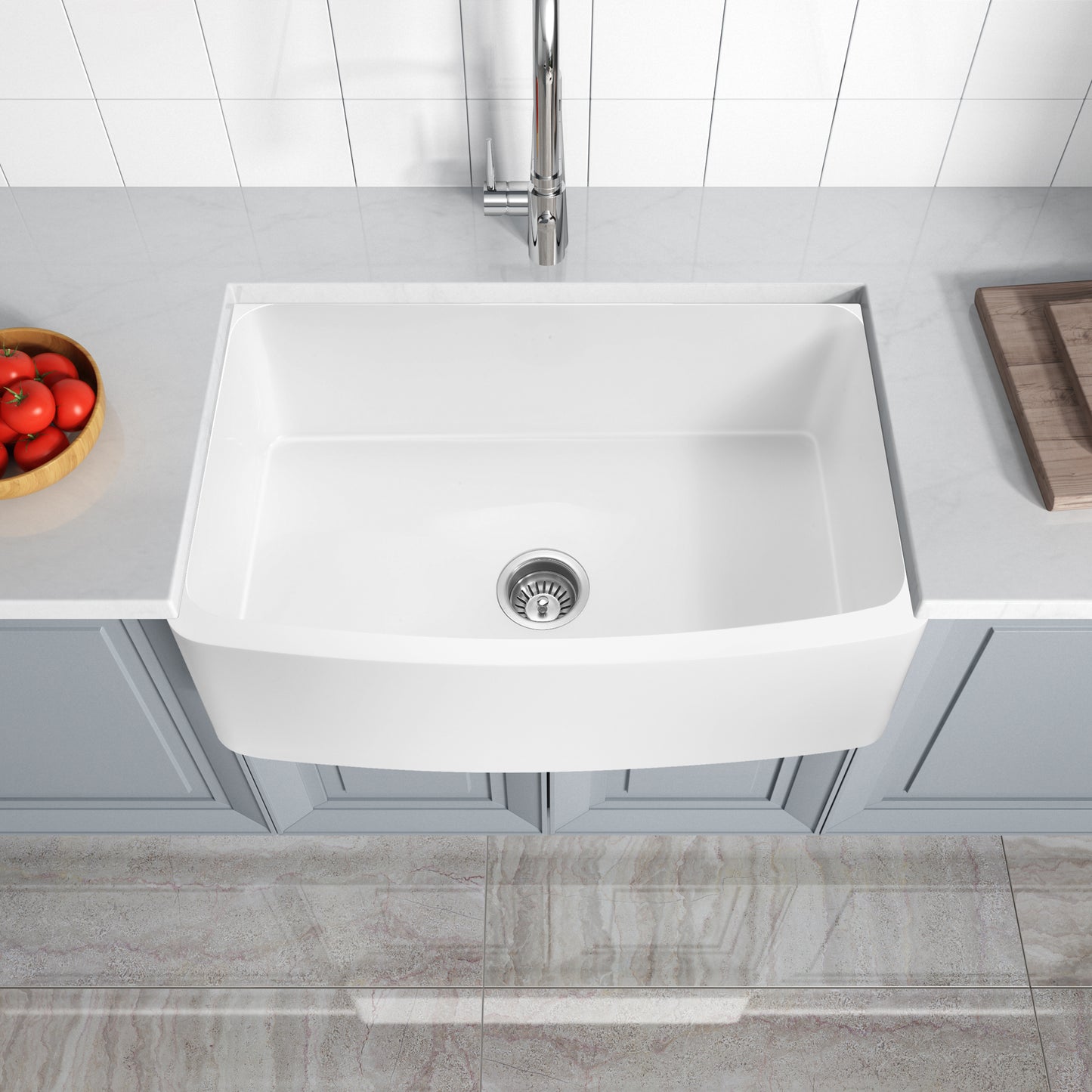 Mesa Series Farmhouse Solid Surface 33 in. 0-Hole Single Bowl Kitchen Sink with 1 Strainer in Matte White