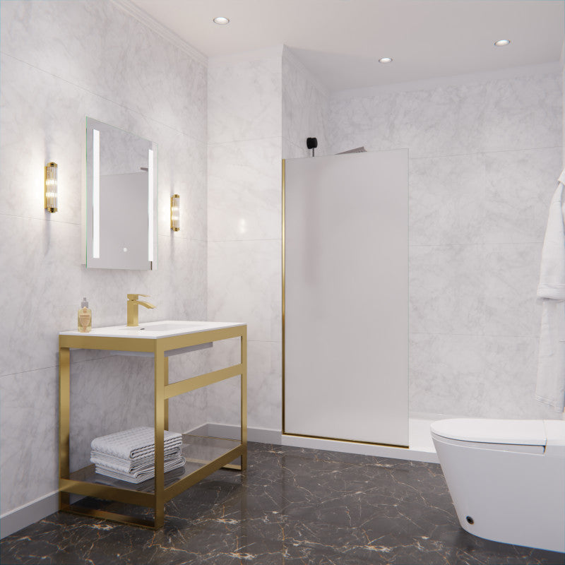 Veil Series 74 in. by 34 in. Framed Frosted Glass Shower Screen in Brushed Gold