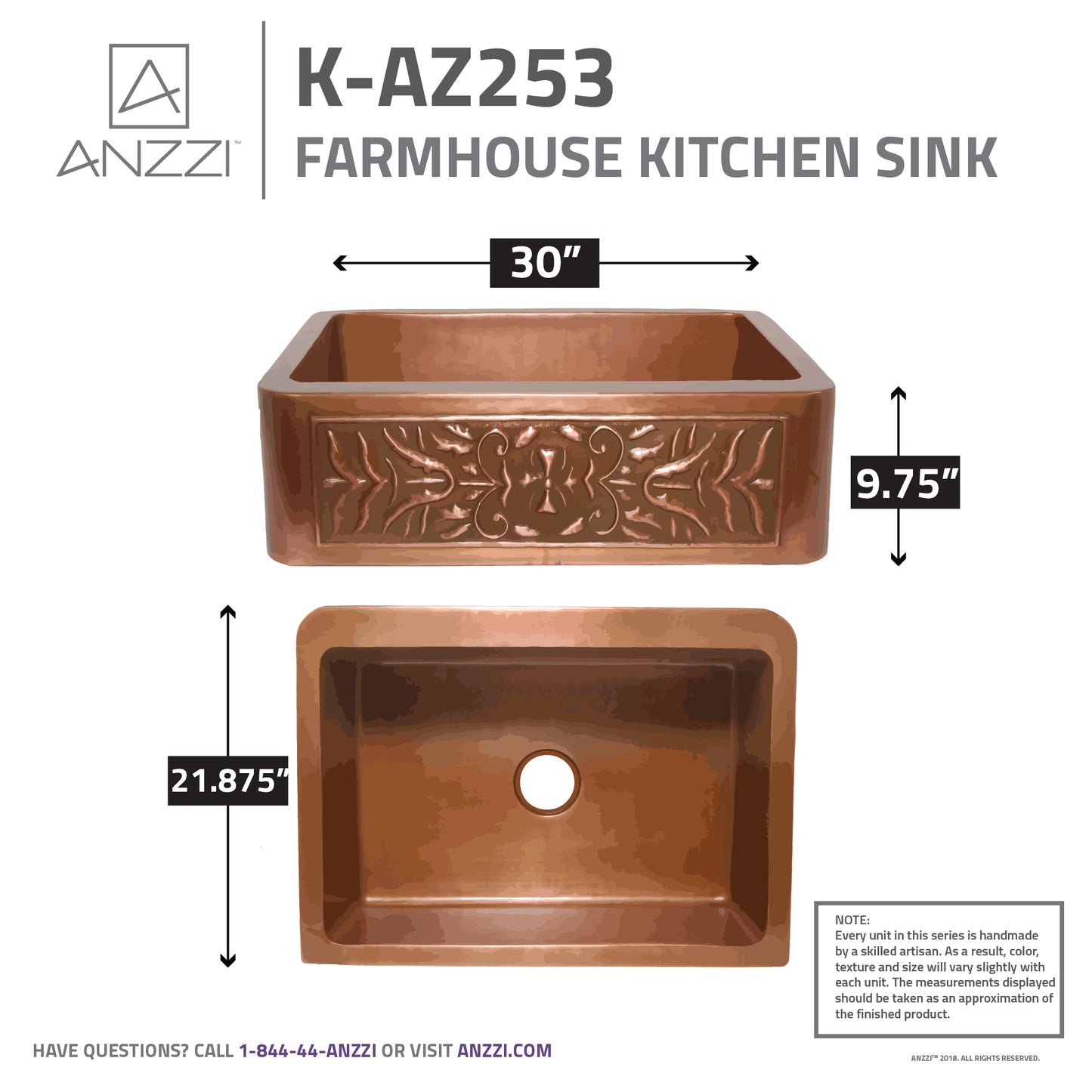 Orchard Farmhouse Handmade Copper 30 in. 0-Hole Single Bowl Kitchen Sink with Flower Design Panel in Polished Antique Copper