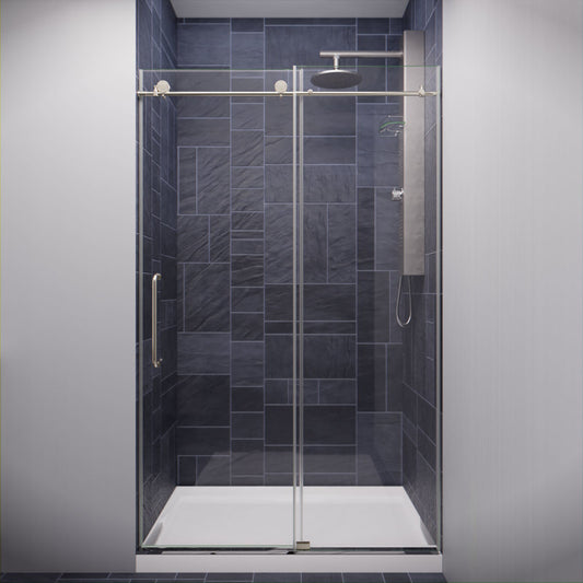 SD-AZ8077-01BN - Leon Series 48 in. x 76 in. H Sliding Frameless Shower Door in Brushed Nickel  with Tsunami Guard Tempered Glass