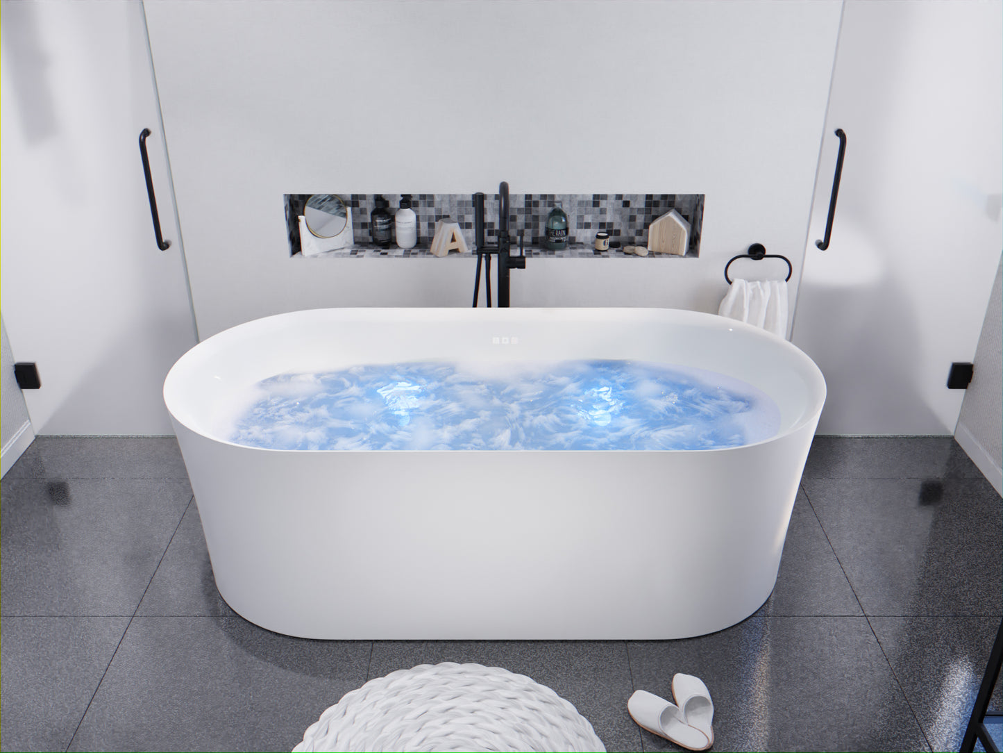 Jericho Series 67 in. x 32 in. Flat Bottom Acrylic Freestanding Air Jetted Bathtub with Center Drain in Glossy White