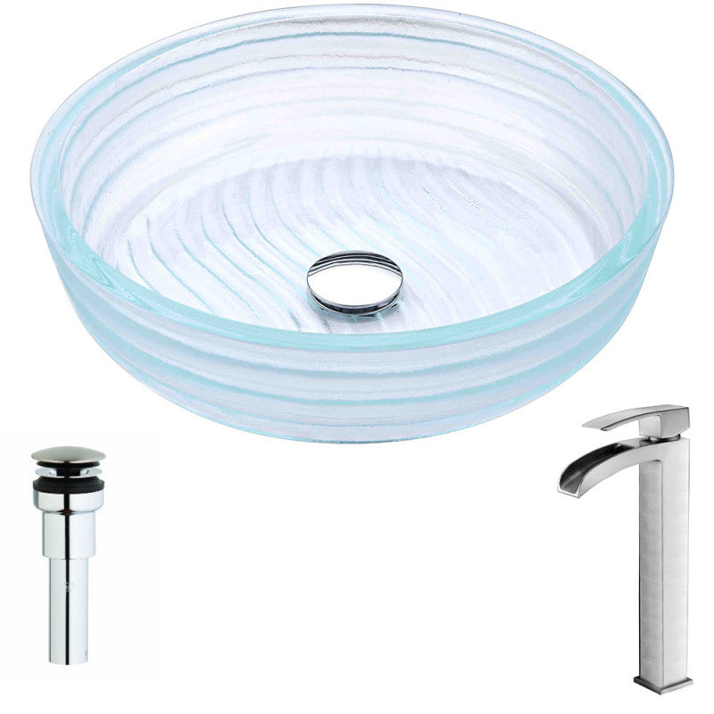 LSAZ064-097B - Canta Series Deco-Glass Vessel Sink in Lustrous Translucent Crystal with Key Faucet in Brushed Nickel