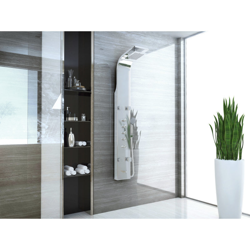 Echo 63.5 in. 4-Jetted Full Body Shower Panel with Heavy Rain Showerhead, Spray Wand and Tub Spout in Brushed Steel
