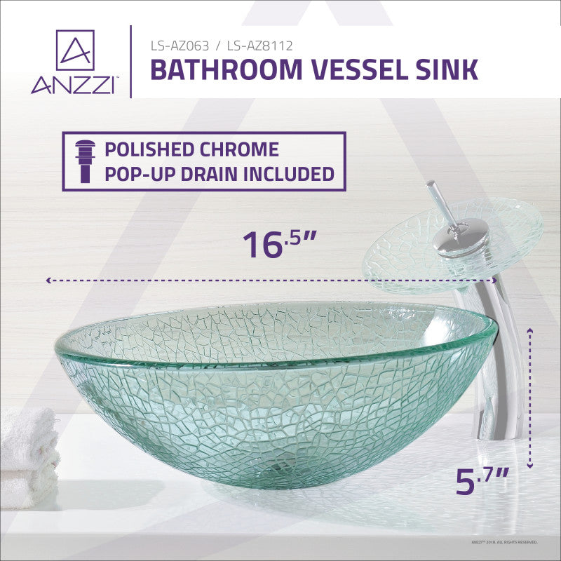 Paeva Series Deco-Glass Vessel Sink in Crystal Clear Chipasi with Matching Chrome Waterfall Faucet