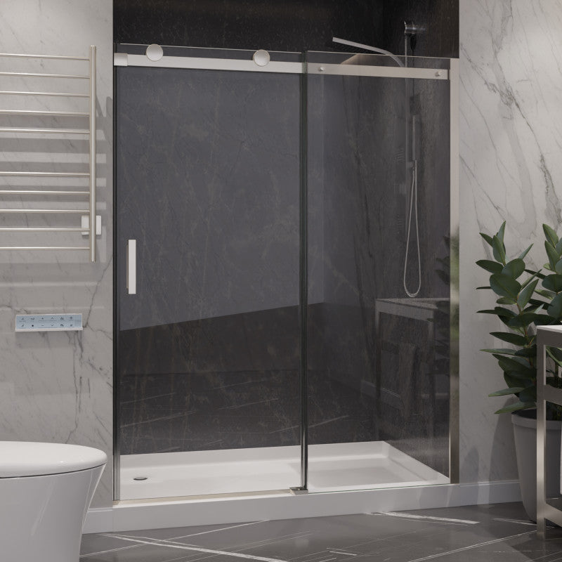 SD-FRLS05702BN - Rhodes Series 60 in. x 76 in. H Sliding Frameless Shower Door in Brushed Nickel with Tsunami Guard Tempered Glass